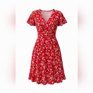 Fensace Red Floral Midi Dress V Neck Flutter Sleeve A Line Never Worn